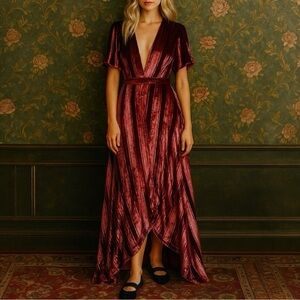 FREE PEOPLE Kara Metallic Red Velvet Short Sleeve Wrap Maxi Dress